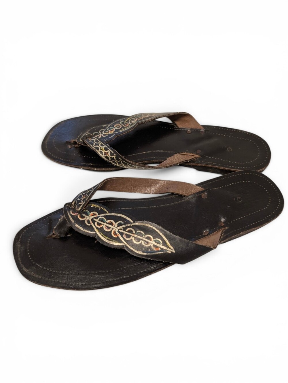 VINTAGE Painted Leather Sandals Flip Flops Handmade Black Gold Green 8.5
